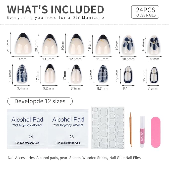 French Short Almond Press On Nails, Nude Fake Nails with Black Floral & Crocodile Texture Detail, Glossy Gel Finish Acrylic Nails, Daily/Party Reusable Glue On Nails Kit for Women, 24Pcs