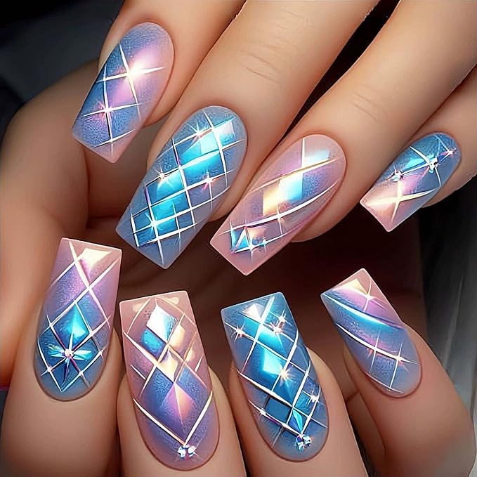 Long Press on Nails Square Shape with Design Fake Nails Hot Girl Glue on Nails for Prom and Party Gift for Women 24pcs