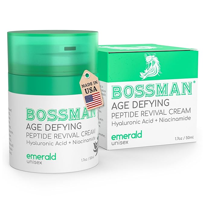 Bossman Peptide Revival Cream 1.7 oz - Emerald (Green Tea) Scent - Anti-Aging Face Moisturizer for Men & Women - Niacinamide & Hyaluronic Acid - Peptide Moisturizer for All Skin Types - Made in USA