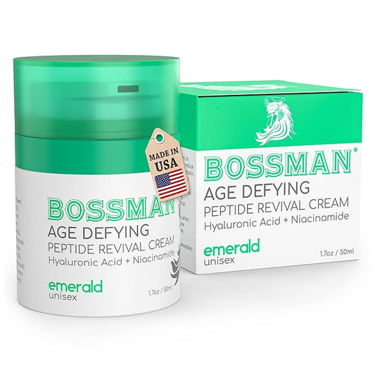 Bossman Peptide Revival Cream 1.7 oz - Emerald (Green Tea) Scent - Anti-Aging Face Moisturizer for Men & Women - Niacinamide & Hyaluronic Acid - Peptide Moisturizer for All Skin Types - Made in USA