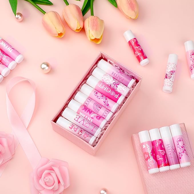50 Pack Breast Cancer Awareness Favors Bulk Lip Balms Gifts Pink Ribbon Lip Balms Favors Breast Cancer Awareness Month Accessories Support Party Items Decorations for Women Men Survivors