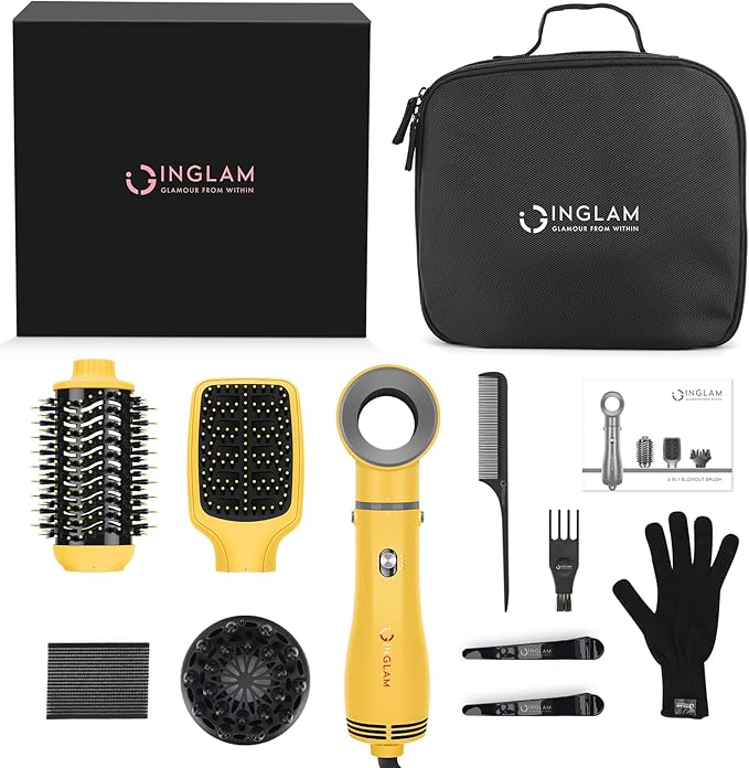 IG INGLAM Hair Dryer Brush, 4-in-1 Detachable Blow Dryer Brush, Ionic Diffuser Hair Dryer & Styler Volumizer with Oval Titanium Barrel, One-Step Hot Air Blowout Styler, Yellow
