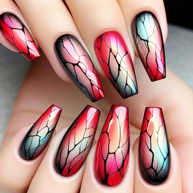 Red Ombre Press on Nails Marble Acrylic Full Cover Fake Nails 24Pcs Glossy Black Gradient Medium Coffin False Nail Crack Stick on Nail Curve Line Gel Glue on Fingernails for Holiday Manicure Art
