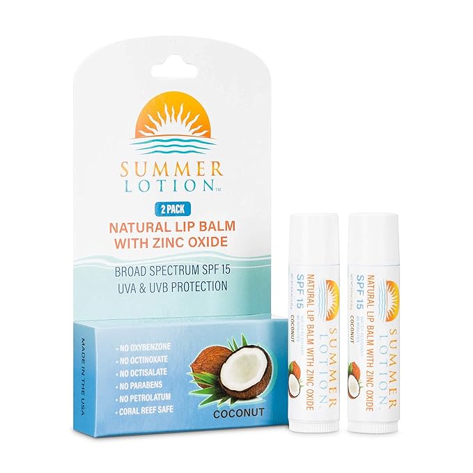 Natural Lip Balm with Zinc Oxide Sunblock by Summer Lotion, SPF 15 Lip Sunscreen 2-Pack, Water Resistant Chapstick, SPF Lip Protection for Everyone, (Coconut)