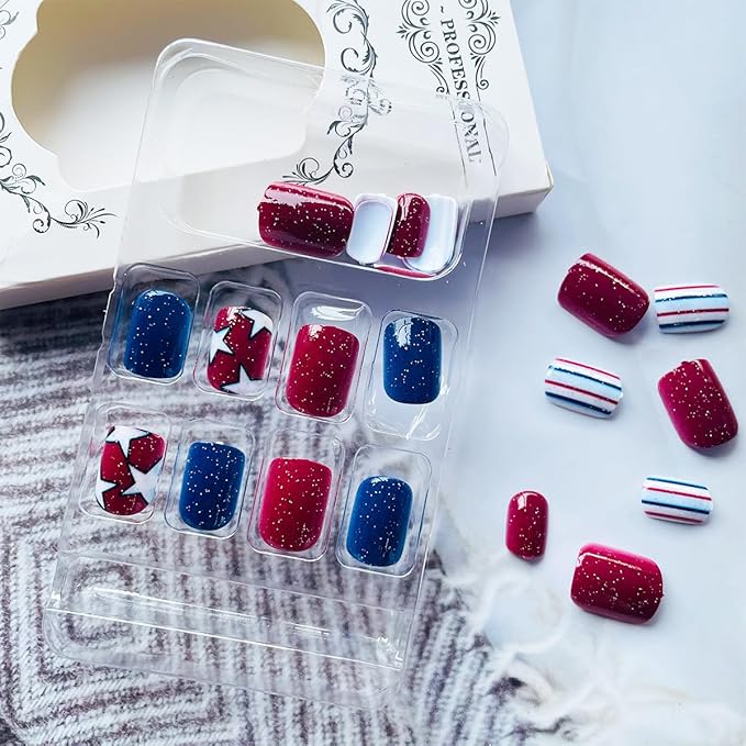 Independence Day Press on Nails Short Square 24Pcs 4th of July Fake Nails with White Star Stripe Designs Red Blue Glitter Patriotic Acrylic Nails Glossy Glue on Nails for Women Manicure