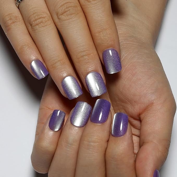 Purple Press On Nails Short - Lavender Color, Cat Eye Press On Nails Square Fake Nail with Color-Shifting Glow, Reusable Stick On Nails, 15 Sizes - 30Pcs, Glue On Nails for Women, Amethyst Drift