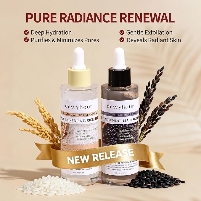 dewyhour Exfoliating Black & White Rice Ampoule Duo Set - Gently Removes Dead Skin Cells, Refines Pores, Soft Face & Body Scrub for All Skin Types, 2-Pack