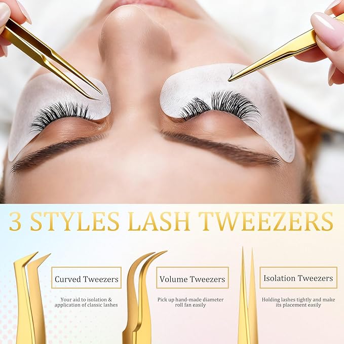 Mudder High Precision Lash Tweezers Set 6 Pack Stainless Steel Eyelash Extension Tweezers for Classic, Volume, Mega Volume Lashes, Facial Hair, Eyebrow, Hair Removal, Crafting Making (Gold)