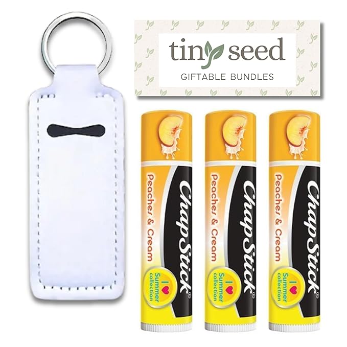 Peaches and Cream Chapstick 3-Pack. Includes Bonus Lip Balm Holder Keychain (White). Limited Edition Flavor from the Chapstick I Love Summer Collection, Unique Gift Bundle from Tiny Seed