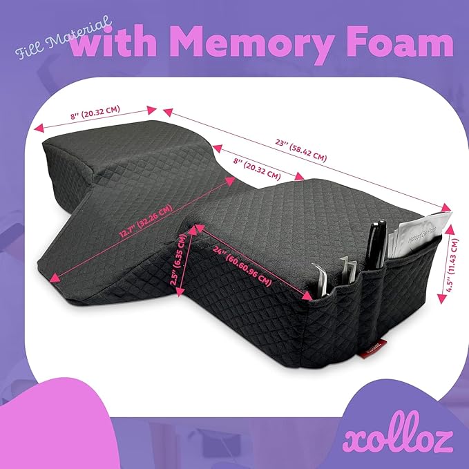 Lash Pillow for Eyelash Extensions - Curved Memory Foam Bed Pillow, Ergonomic Head Rest with Neck Support, Side Pockets for Tools, Fits Lash Beds for Tech – Black