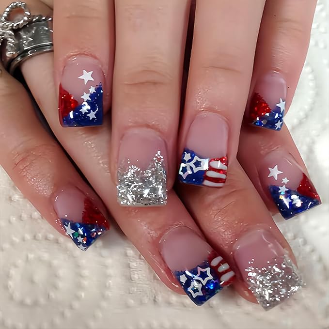 24Pcs French Tip Press on Nails Short Square Fake Nails Independence Day False Nails Red Blue French Tip Artificial Nails Glitter Full Cover Glue on Nails Silver Glitter Stick on Nails for Women DIY