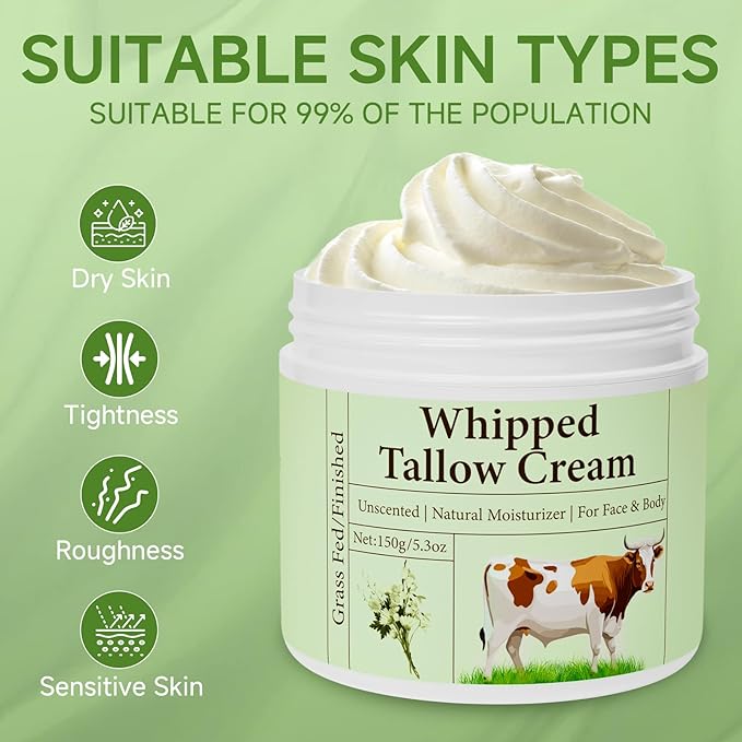 pekinly Whipped Beef Tallow for Skin, Beef Tallow, Beef Tallow for Face, 2 Packs Unscented Grass Fed Whipped Tallow Face Moisturizer Nourishing Soothing Moisturizer for Body Lotion Skin Care, 5.3OZ