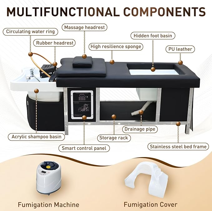 Head Spa Bed, Massage Table with Footbath, Japanese Head/Feet SPA Equipment, Professional Massage Shampoo Bed with Foot Bath Basin, Water Circulation System, for Spa Beauty Salon Barber (B)