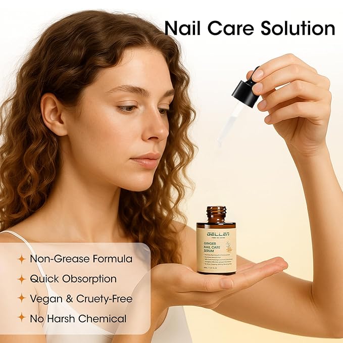 Gellen 30ml Ginger Nail Growth Serum for Nail Strengthener and Growth, Nail Repair Treatment for Weak Brittle Splitting Damaged Nails, Hydrated & Nourished Nail Care Solution for Hands & Feet