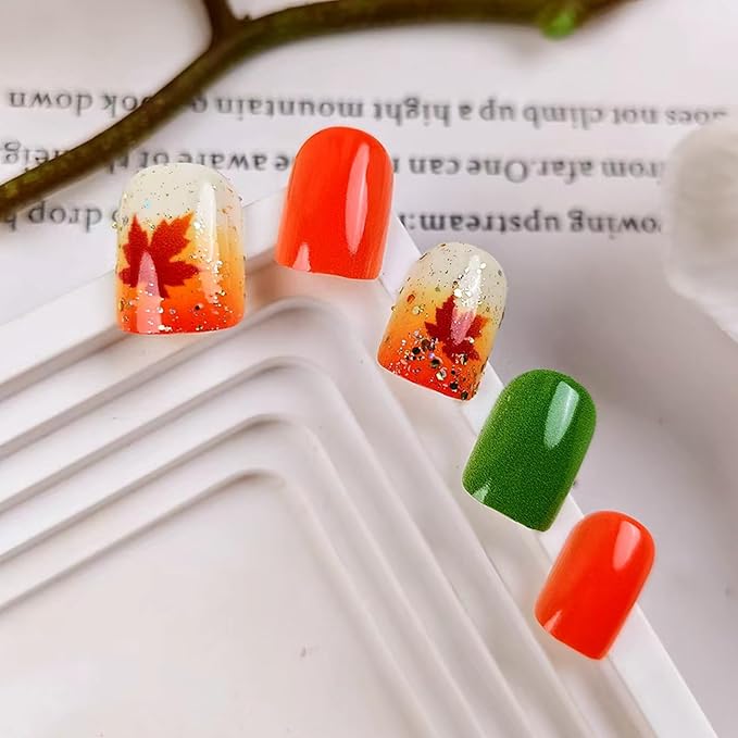 Fall Press on Nails Short Square Fake Nails with Gold Sequins Maple Leaves Design Orange Green Glossy Acrylic False Nails Thanksgiving Stick on Nail Artificial Gel Glue on Nail for Women 24Pcs