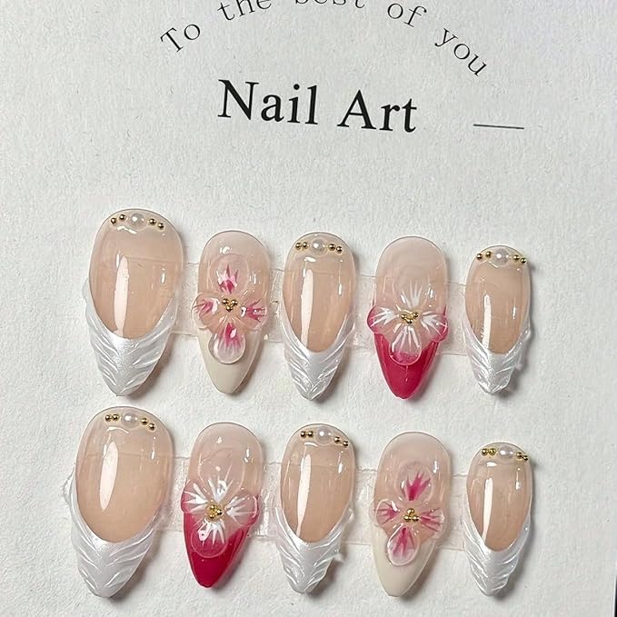 10Pcs Pink French Tip Almond Shaped 3D Floral Pearl Rhinestone Full Cover Tip Glue On Nails