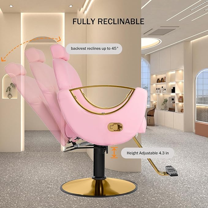 Barber Chair,Styling Chair|Adjustable Height Reclining Salon Chair, Barber Chair for Stylist with Removable Headrest,SPA Equipment for Barbershop,Beauty Salon,Spa (Pink New)