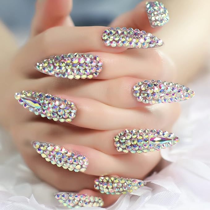 Handmade Press on Nails Full Cover Luxurious 3D Crystal False Nails Super Extra Long Stiletto Diamonds Art Decoration Fake Nails Manicure Kit Nail Art Tips Gift for Women Girls Wedding Party