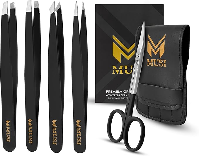 Eyebrow Tweezers Set with Eyebrow Scissors – 4+1 Stainless Steel Tweezers for Women Men Facial Hair - Sharp Tweezer for Shaping Eyebrows - Precision Grooming Tool for Plucking Coarse and Ingrown Hairs