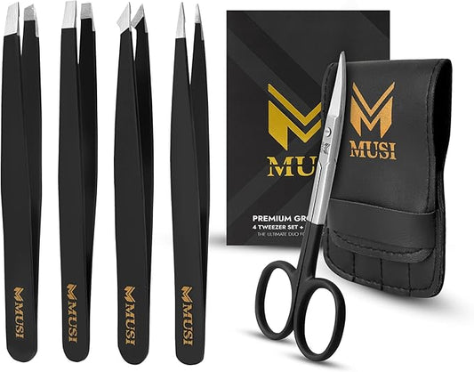 Eyebrow Tweezers Set with Eyebrow Scissors – 4+1 Stainless Steel Tweezers for Women Men Facial Hair - Sharp Tweezer for Shaping Eyebrows - Precision Grooming Tool for Plucking Coarse and Ingrown Hairs