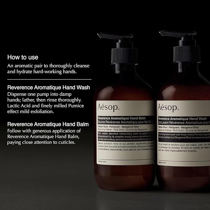 Aesop Reverence Hand Wash & Balm Set | Citrus, Woody, Herbaceous Duo that Exfoliates & Hydrates Hands Soft, Purified Hands | 16.9 oz / 500 mL