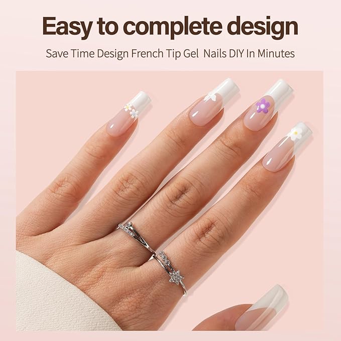 Vansiho French Gel Nail Tips, 150Pcs Long Square Gel Nail Tips, French Tips Press on Nails, French Square No Need to File 3 in 1 Pre-French Gel Tips, Fake Nails for Nail Art DIY 15 Sizes