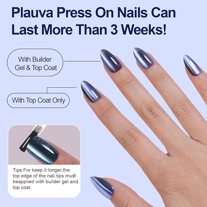 240Pcs Cat Eye Press on Nails Medium Almond, Plauva Soft Gel Fake Nails, Glossy Glitter Cat Eye Nail Tips for Women and Girls Stick On Nails in 12 Sizes