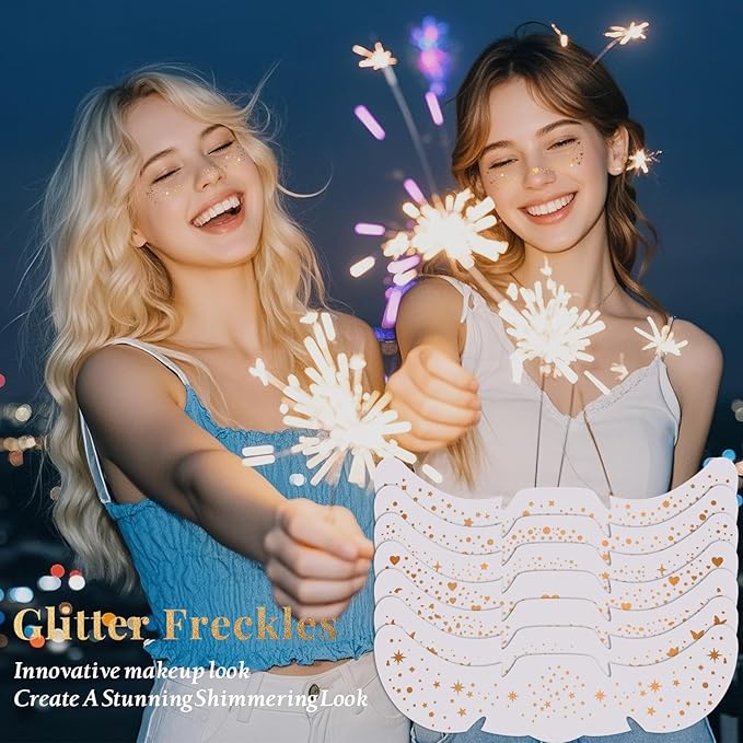24pcs Glitter Freckles Makeup Patches-Gold-Face Speckle, Sparkle Speckles Patches for Women, Cute Golden Fake Freckles, Glitter Freckle Face Tattoo, Accessories for Musical Festival