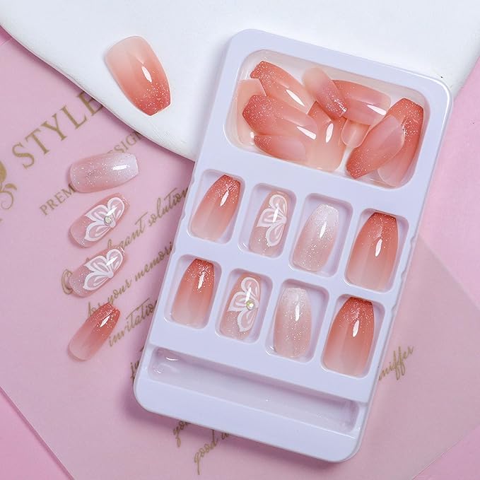Pink Press on Nails Coffin Short Acrylic Nails Artificial False Nails with Glitter Butterfly Designs Full Cover Gradient Pink Fake Nails Short Ballerina Nails for Women