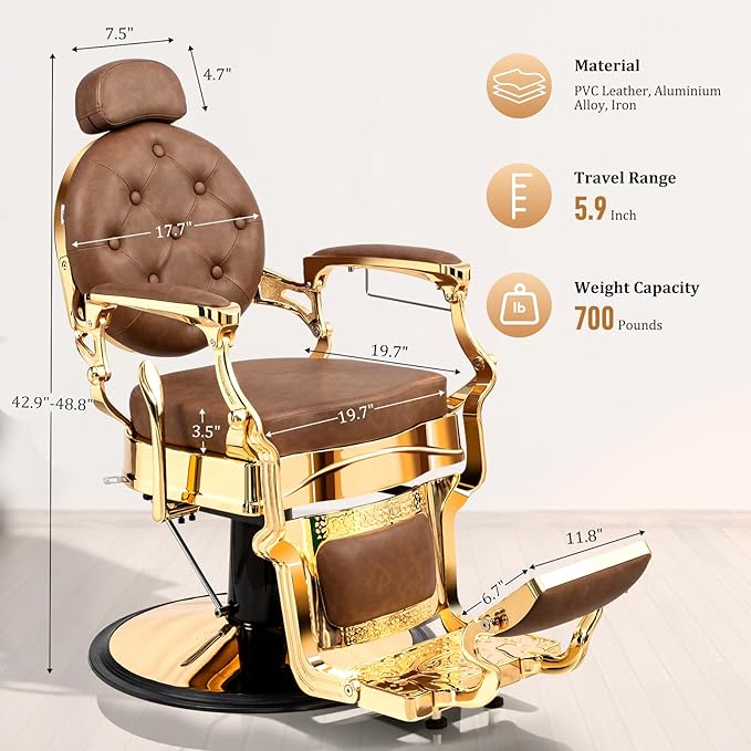 OmySalon Retro Barber Chair Heavy Duty, Aluminum Alloy Frame, Adjustable Headrest, Extra Wide Footrest, Hydraulic Salon Chair for Hair Stylist Reclining All Purpose for Beauty Spa Shampoo, Brown Gold