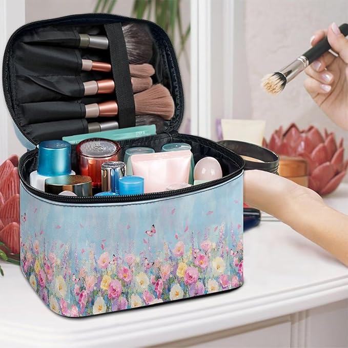 Butterfly Vibrant Rose Floral Print Travel Makeup Bags for Women Portable Tote Cosmetic Case with Carry Handle Toiletry Accessories Storage Organizer Bags