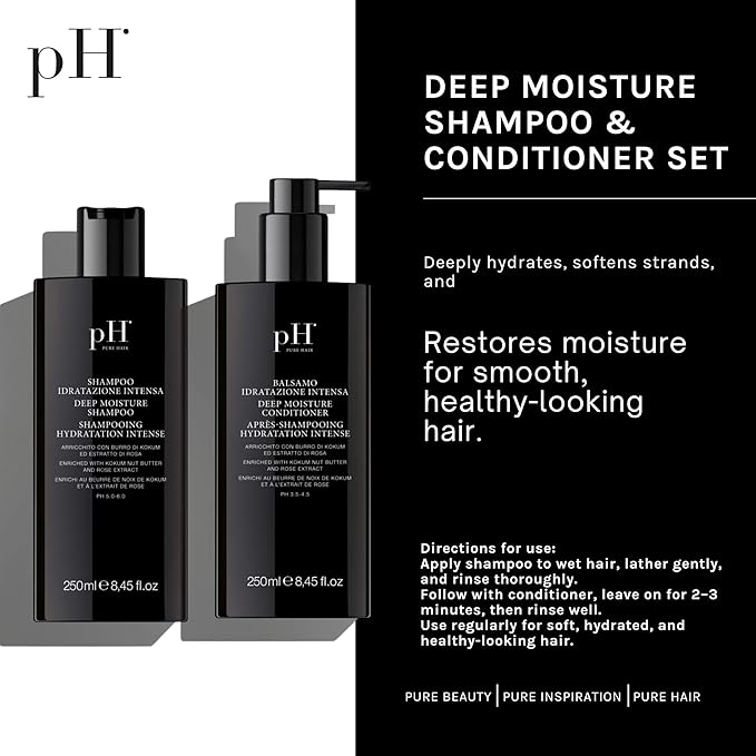 pH PURE HAIR Deep Moisture Shampoo & Conditioner Set - Moisturizing Formula For Dry Damaged Hair - Enriched with Kokum Nut Butter and Rose Extract - 8.45 Oz (Pack of 2)