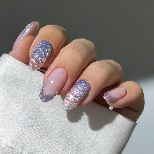 Summer Press on Nails Medium Almond Fake Nails with Chrome 3D Fish Designs Cat Eye Glue on Nails Blue French Tip False Nails Press ons Ocean Acrylic Nail for Women Manicure