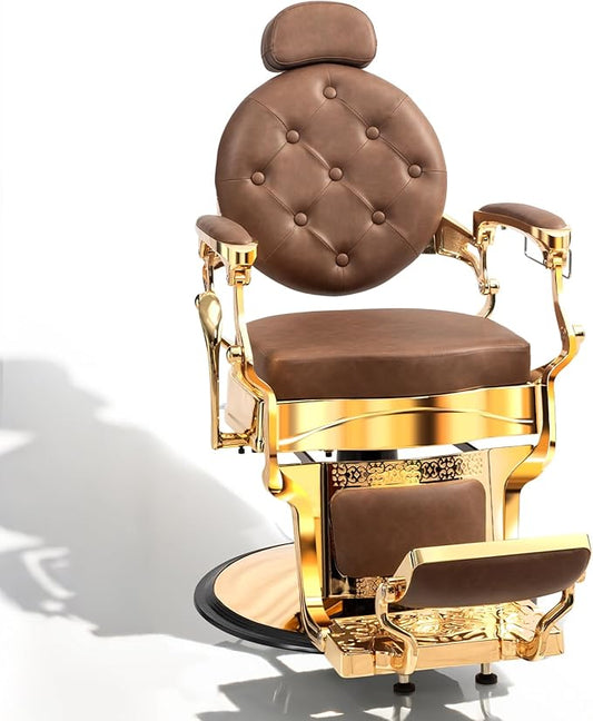 OmySalon Retro Barber Chair Heavy Duty, Aluminum Alloy Frame, Adjustable Headrest, Extra Wide Footrest, Hydraulic Salon Chair for Hair Stylist Reclining All Purpose for Beauty Spa Shampoo, Brown Gold