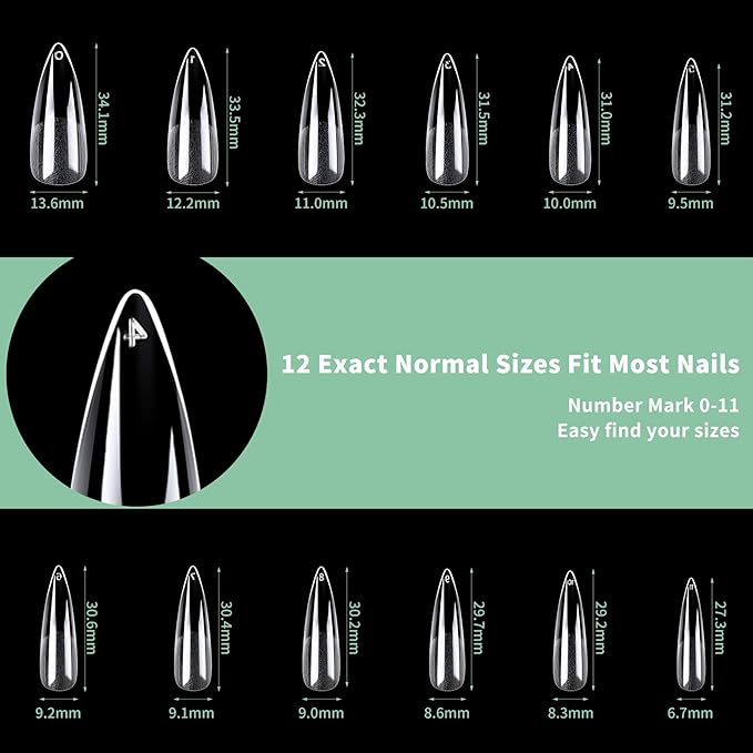 Long Stiletto Nail Tips, 216pcs Acrylic Fake Nails Gel Nail Tips Soft, Full Cover Pre-Shaped Matte Clear Press on Nails for Extension, Diy at Home Manicure 12 Sizes