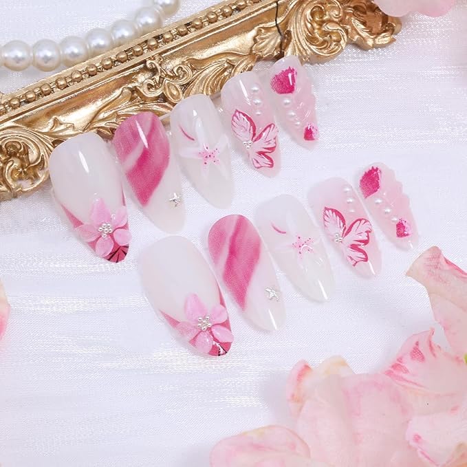 24Pcs Pink Flower Press on Nails Medium Long Almond Fake Nails 3D Flower Acrylic Nails Silver Beads Starfish Gem Spring Summer Glue on Nail Pink French Tip False Nails Cute Stick on Nail for Women