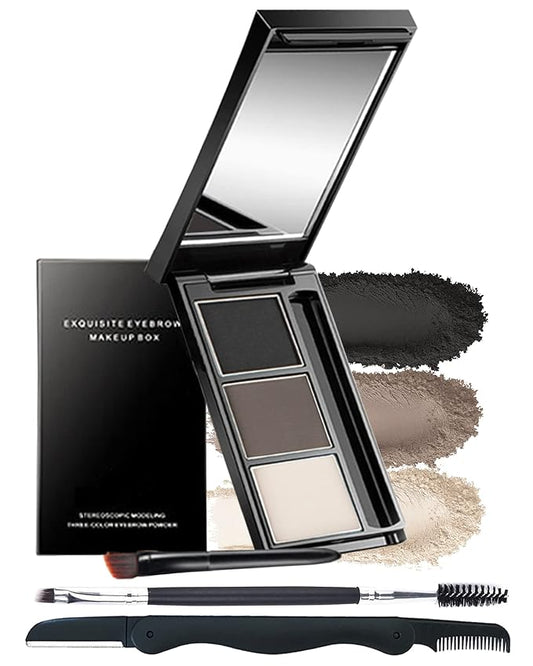 Eyebrow Powder Makeup Kit-3 Colors Eye Brow Powder Palette Long-Lasting Waterproof, Black Brown Series Brow Powder, Fill & Sculpt Full Eyebrows for Women, With Mirror, Brow Brush & Razor-Set 01
