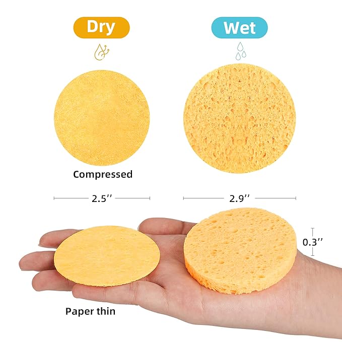 60-Count Compressed Facial Sponges|100% Natural Kickleen Cellulose Cosmetic Spa Sponges for Daily Facial Cleansing|Makeup and Mask Removal | Exfoliating | Skin Massage | Pore Exfoliation (Yellow)