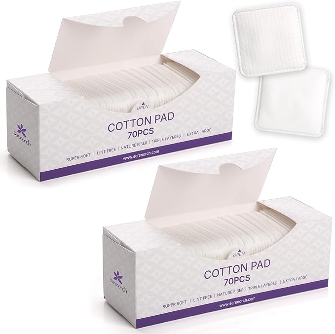 100% Cotton Pads 140PCS, 3x3 Inch Extra Large Triple-Layer Makeup Remover Pads, Soft Lint-Free Cotton Pads for Face Cleansing & Skincare