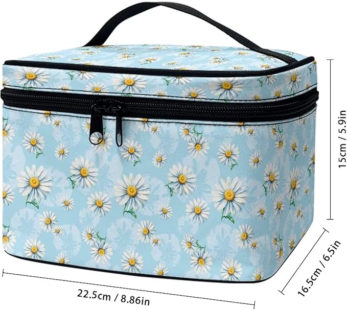 Daisy Flowers Blue Pattern Travel Makeup Bags for Women Portable Tote Cosmetic Case with Carry Handle Toiletry Accessories Storage Organizer Bags
