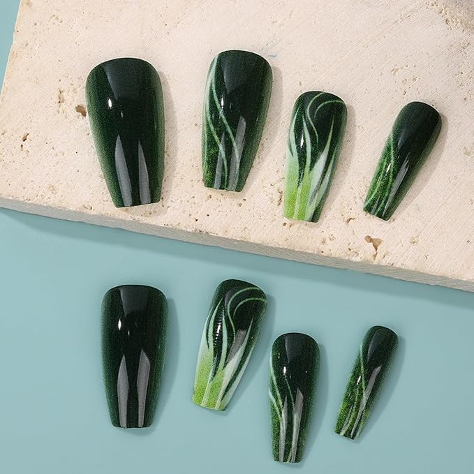 Long Press on Nails Coffin Fake Nails Green False Nails Ombre Artificial Nails Gradient Cute Nails Stick on Nails for Women 24pcs