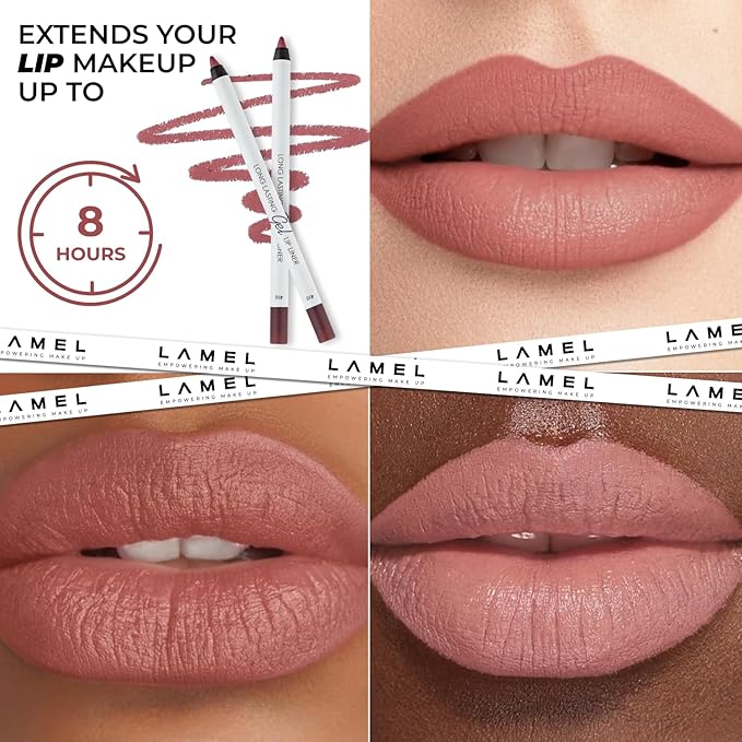 Lamel Matte Gel Lip Liner Pencil 5 Pcs Set - Creamy, Sharpenable, Longwear, Waterproof Lip Combo - Nude Pink 407, Nude 409, Red 411, Mauve 410 and 412