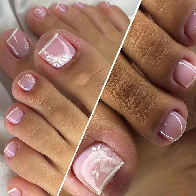 White Flower Press on Toenails Short Square French Tip Press on Flowers Fake Toenails with Floral Designs Glossy Pink Full Cover False Toenails Cute Toe Nails Press ons Acrylic Set for Women 48Pcs