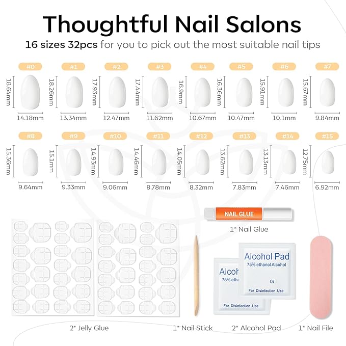 modelones Short Press on Nails, Oval Fake Nails Kit Press Ons with Nail Glue, Adhesive Tabs, Nail File, Prep Pad, Manicure Stick, 32Pcs 16 Sizes, Elegant White, Christmas