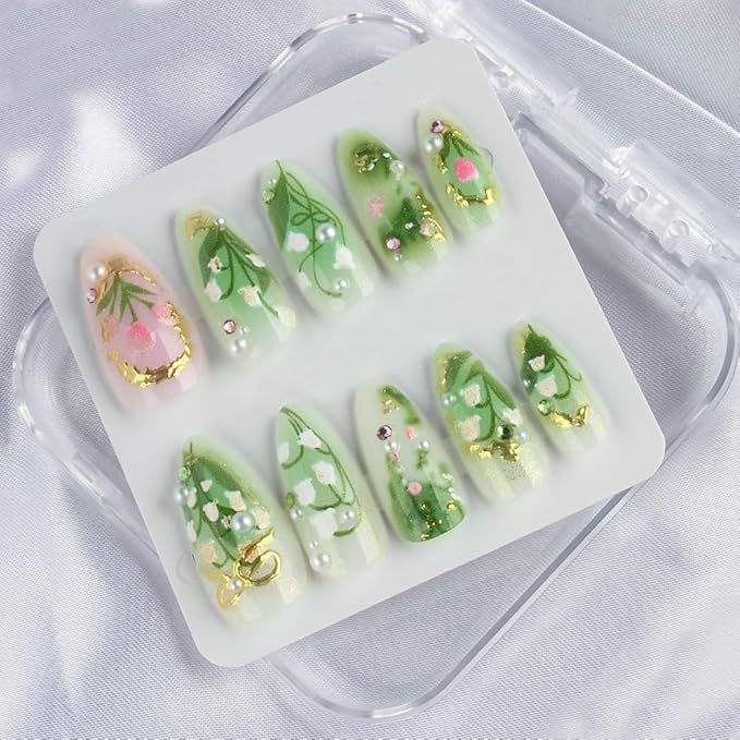 3D Pearl Gold Line Green Flower Acrylic Nails, Y2k Press On Nails Almond Medium, French Tip Floral Nails Designer Reusable Fake Nail with Glue On Nail, Sage Green Party Nail for Women