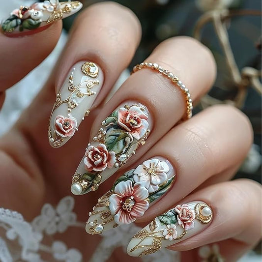 Flower Press on Nails Medium Length Almond Tip Acrylic Fake Nail Full Cover Glossy Floral Stick on Nails Peony Flower Pattern Design Artificial Fingernails 24Pcs DIY Glue on Nails for Women