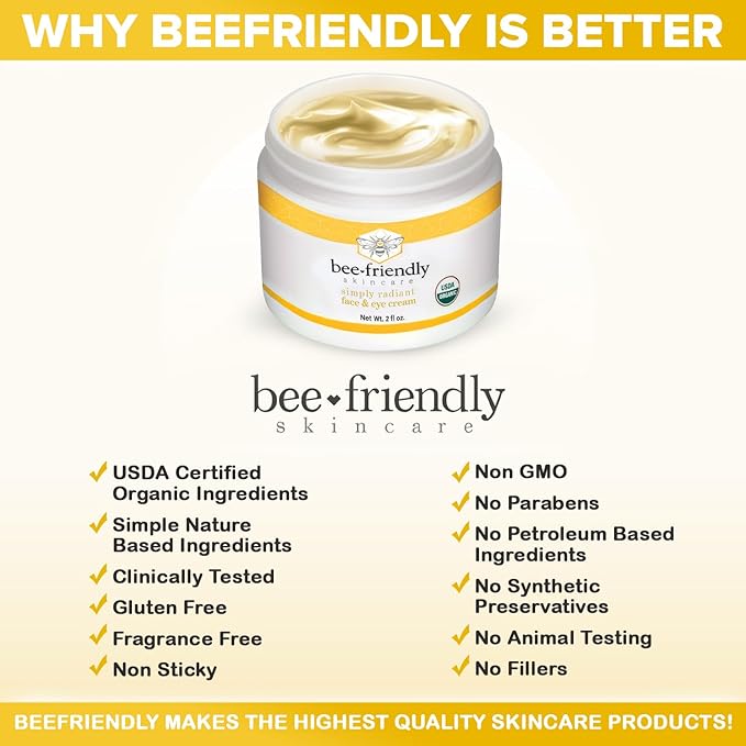 BeeFriendly Organic Face and Eye Cream, USDA Certified Organic Facial Moisturizer, All In One Natural Face, Eye, Neck, Decollete Cream Reduces Wrinkles & Lines, 2 oz