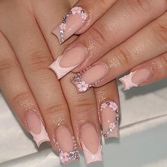 24Pcs French Tip Press on Nails Medium Square Fake Nails 3D Nail Tip Design Glue on Nails Flower Charms Rhinestone Full Cover Luxury Acrylic Nails Nude Pink Artificial False Nails Kits for Women
