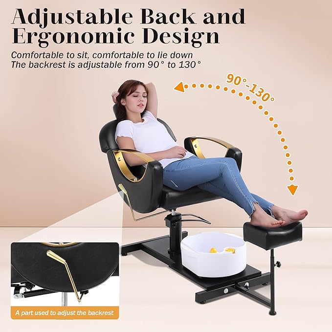 Pedicure Station No Plumbing, Hydraulic Pedicure Chair for Nail Tech, Height Adjustable Reclining Pedicure Station Unit, 360 Degree Swivel Foot Spa Chair with Massage Foot Bath (Black)