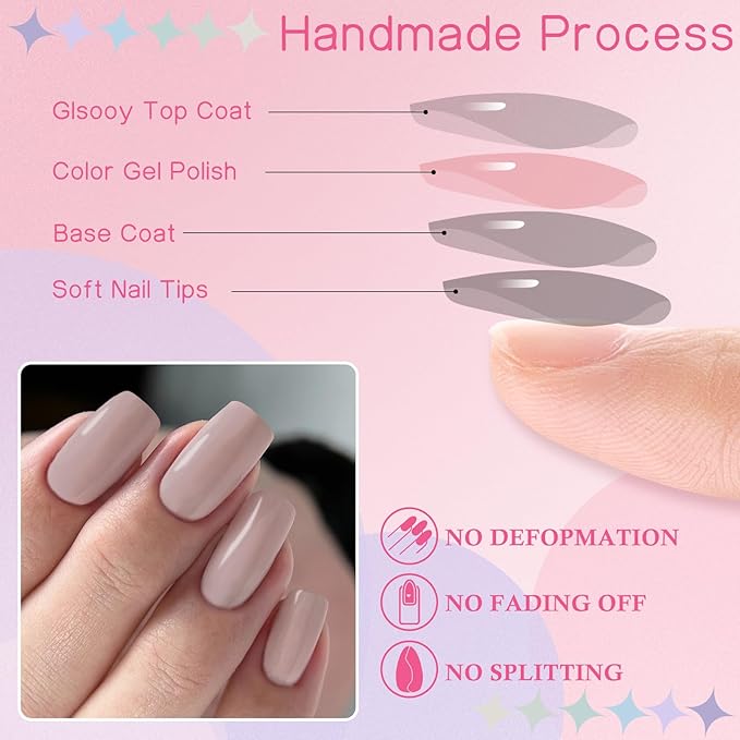 LuckForever 240pc Square Press on Nails Long Fake Nails Glue Press on Nails Square Nail Tips Full Cover Nude Tan Acrylic Nails Press ons Nail False Fingernail with Glue Adhesive Tabs for Women Girls